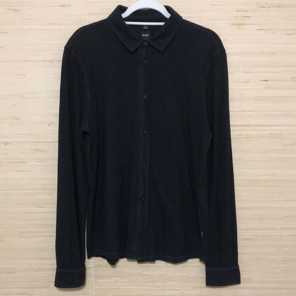 BOSS Men's Black Cotton Button Up Collared Long Sleeve Shirt Large